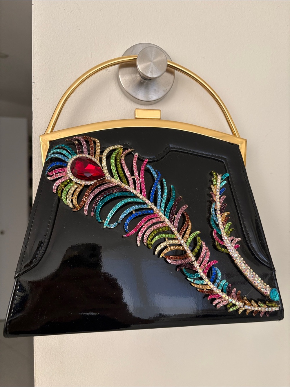 Black Patent Evening Bag with Multicolor Feather Crystal Accent